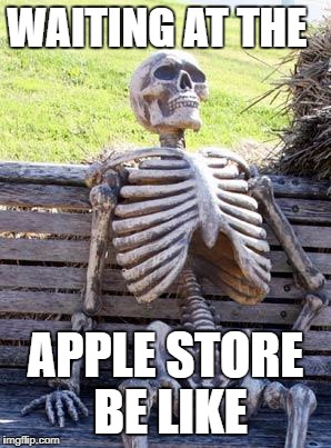 Waiting Skeleton Meme | WAITING AT THE; APPLE STORE BE LIKE | image tagged in memes,waiting skeleton | made w/ Imgflip meme maker