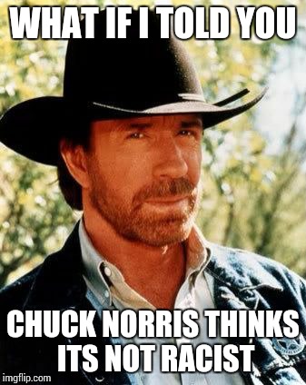 Chuck Norris | WHAT IF I TOLD YOU CHUCK NORRIS THINKS ITS NOT RACIST | image tagged in chuck norris | made w/ Imgflip meme maker