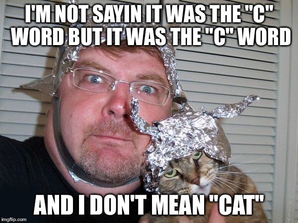 I'M NOT SAYIN IT WAS THE "C" WORD BUT IT WAS THE "C" WORD; AND I DON'T MEAN "CAT" | image tagged in memes,tinfoil,tin foil hat | made w/ Imgflip meme maker