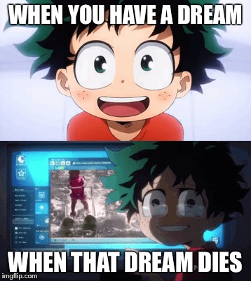 When you dream dies. | WHEN YOU HAVE A DREAM; WHEN THAT DREAM DIES | image tagged in anime,my hero academia,deku,dreams | made w/ Imgflip meme maker