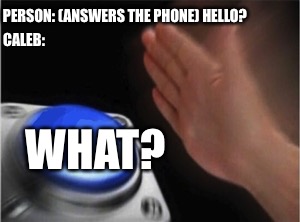 Blank Nut Button Meme | PERSON: (ANSWERS THE PHONE) HELLO? CALEB:; WHAT? | image tagged in blank nut button | made w/ Imgflip meme maker