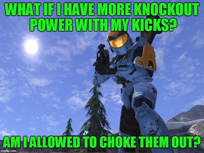 Demonic Penguin Halo 3 | WHAT IF I HAVE MORE KNOCKOUT POWER WITH MY KICKS? AM I ALLOWED TO CHOKE THEM OUT? | image tagged in demonic penguin halo 3 | made w/ Imgflip meme maker