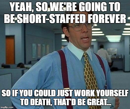 That Would Be Great Meme | YEAH, SO WE'RE GOING TO BE SHORT-STAFFED FOREVER; SO IF YOU COULD JUST WORK YOURSELF TO DEATH, THAT'D BE GREAT... | image tagged in memes,that would be great | made w/ Imgflip meme maker