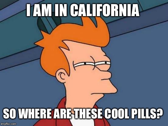 Futurama Fry Meme | I AM IN CALIFORNIA SO WHERE ARE THESE COOL PILLS? | image tagged in memes,futurama fry | made w/ Imgflip meme maker