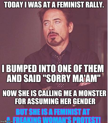 i can not believe some people these days | TODAY I WAS AT A FEMINIST RALLY. I BUMPED INTO ONE OF THEM AND SAID "SORRY MA'AM"; NOW SHE IS CALLING ME A MONSTER FOR ASSUMING HER GENDER; BUT SHE IS A FEMINIST AT A  FREAKING WOMAN'S PROTEST! | image tagged in that face you make,memes,dank memes,deth_by_dodo,funny | made w/ Imgflip meme maker