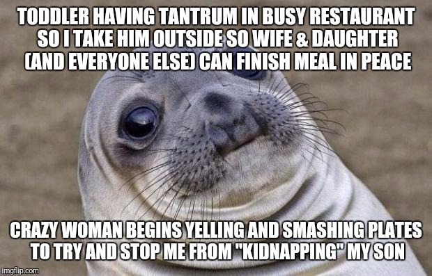 Awkward Moment Sealion Meme | TODDLER HAVING TANTRUM IN BUSY RESTAURANT SO I TAKE HIM OUTSIDE SO WIFE & DAUGHTER (AND EVERYONE ELSE) CAN FINISH MEAL IN PEACE; CRAZY WOMAN BEGINS YELLING AND SMASHING PLATES TO TRY AND STOP ME FROM "KIDNAPPING" MY SON | image tagged in memes,awkward moment sealion | made w/ Imgflip meme maker