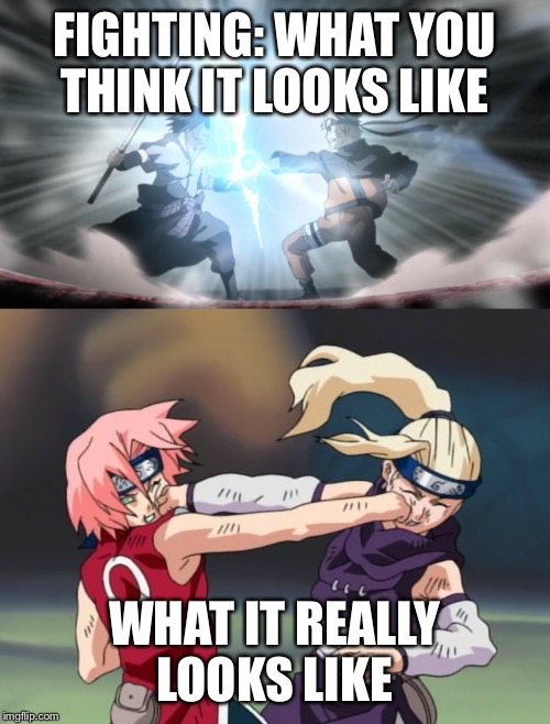 FIGHTING: WHAT YOU THINK IT LOOKS LIKE; WHAT IT REALLY LOOKS LIKE | image tagged in naruto,naruto shippuden,fighting,fight | made w/ Imgflip meme maker