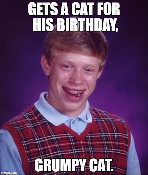 Bad Luck Brian Meme | GETS A CAT FOR HIS BIRTHDAY, GRUMPY CAT. | image tagged in memes,bad luck brian | made w/ Imgflip meme maker