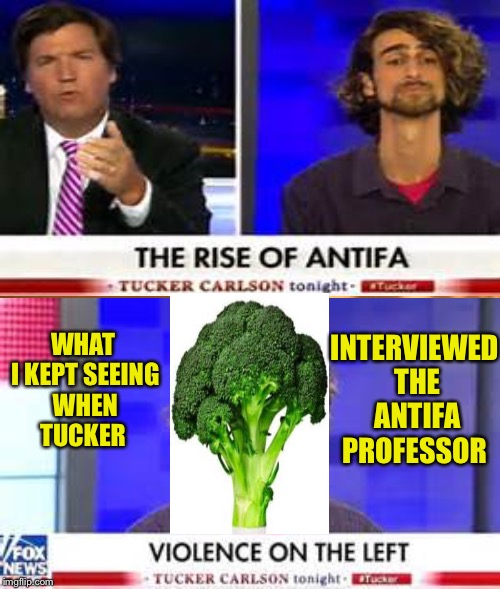 Be afraid!!! Be VERY afraid!!!... Of broccoli:) | WHAT I KEPT SEEING WHEN TUCKER; INTERVIEWED THE ANTIFA PROFESSOR | image tagged in memes | made w/ Imgflip meme maker