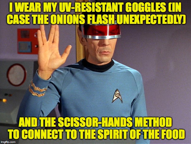 I WEAR MY UV-RESISTANT GOGGLES (IN CASE THE ONIONS FLASH UNEXPECTEDLY) AND THE SCISSOR-HANDS METHOD TO CONNECT TO THE SPIRIT OF THE FOOD | made w/ Imgflip meme maker