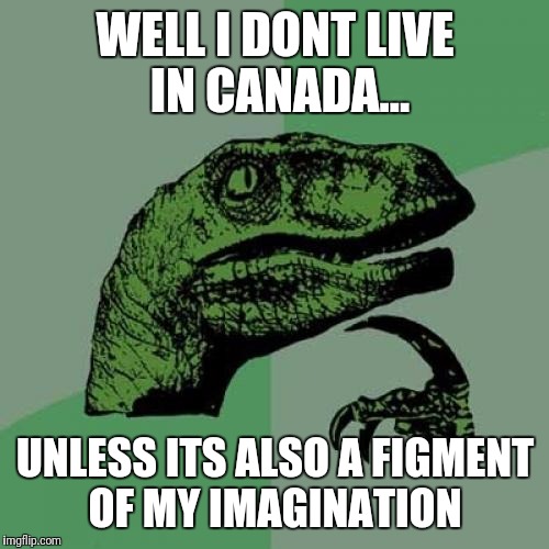 Philosoraptor Meme | WELL I DONT LIVE IN CANADA... UNLESS ITS ALSO A FIGMENT OF MY IMAGINATION | image tagged in memes,philosoraptor | made w/ Imgflip meme maker
