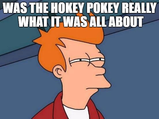 Futurama Fry Meme | WAS THE HOKEY POKEY REALLY WHAT IT WAS ALL ABOUT | image tagged in memes,futurama fry | made w/ Imgflip meme maker
