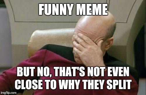Captain Picard Facepalm Meme | FUNNY MEME BUT NO, THAT'S NOT EVEN CLOSE TO WHY THEY SPLIT | image tagged in memes,captain picard facepalm | made w/ Imgflip meme maker