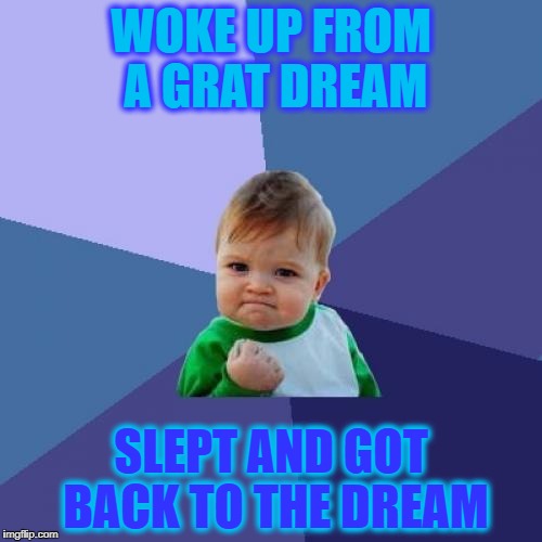 Success Kid Meme | WOKE UP FROM A GRAT DREAM; SLEPT AND GOT BACK TO THE DREAM | image tagged in memes,success kid | made w/ Imgflip meme maker