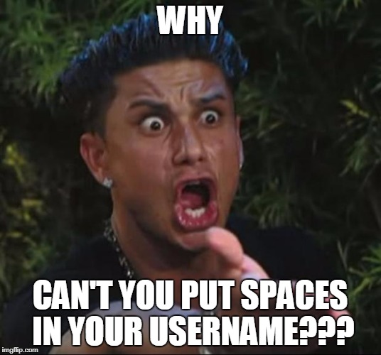 Learning the hard way | WHY; CAN'T YOU PUT SPACES IN YOUR USERNAME??? | image tagged in memes,dj pauly d,username | made w/ Imgflip meme maker