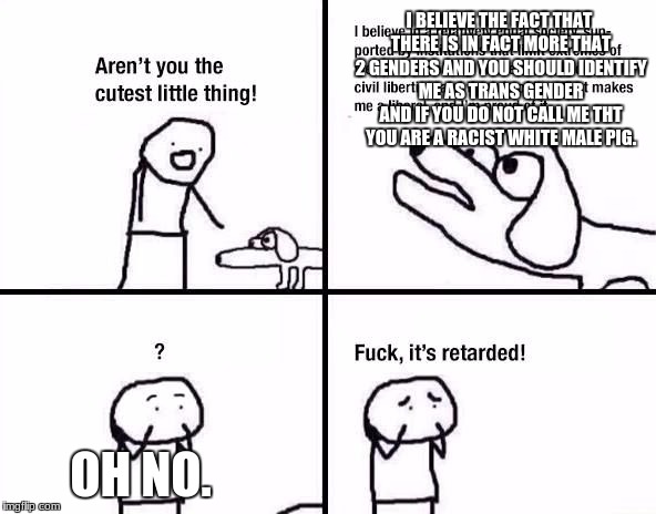 Retarded Dog | I BELIEVE THE FACT THAT THERE IS IN FACT MORE THAT 2 GENDERS AND YOU SHOULD IDENTIFY ME AS TRANS GENDER AND IF YOU DO NOT CALL ME THT YOU ARE A RACIST WHITE MALE PIG. OH NO. | image tagged in retarded dog | made w/ Imgflip meme maker