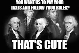 My history teacher wanted me to make a meme about them, so I came here. I decided to publish it just because! | YOU WANT US TO PAY YOUR TAXES AND FOLLOW YOUR RULES; THAT'S CUTE | image tagged in memes,history class,founding fathers | made w/ Imgflip meme maker