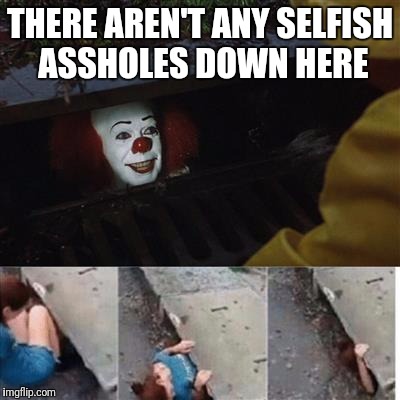 pennywise in sewer | THERE AREN'T ANY SELFISH ASSHOLES DOWN HERE | image tagged in pennywise in sewer,memes | made w/ Imgflip meme maker