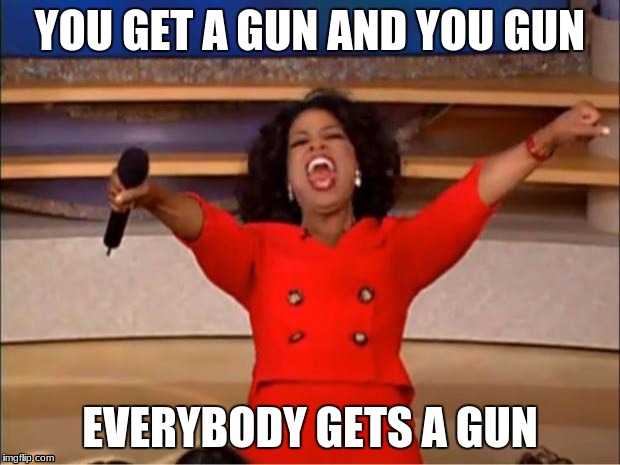 Oprah You Get A Meme | YOU GET A GUN AND YOU GUN; EVERYBODY GETS A GUN | image tagged in memes,oprah you get a | made w/ Imgflip meme maker