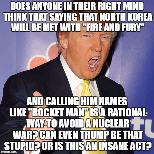 donald trump | DOES ANYONE IN THEIR RIGHT MIND THINK THAT SAYING THAT NORTH KOREA WILL BE MET WITH "FIRE AND FURY"; AND CALLING HIM NAMES LIKE "ROCKET MAN" IS A RATIONAL WAY TO AVOID A NUCLEAR WAR? CAN EVEN TRUMP BE THAT STUPID? OR IS THIS AN INSANE ACT? | image tagged in donald trump | made w/ Imgflip meme maker
