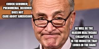 idiots | CHUCK SCHUMER; PHENOMENAL  DECEIVER DOES NOT CARE ABOUT AMERICANS; HE WILL BE THE REASON HEALTHCARE COLLAPSES. HE IS THE MONSTER THAT LURKS IN THE DARK | image tagged in chuck schumer,democrats,obamacare,maga,drama queen,healthcare | made w/ Imgflip meme maker