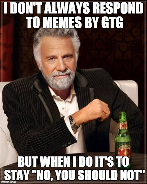 The Most Interesting Man In The World Meme | I DON'T ALWAYS RESPOND TO MEMES BY GTG BUT WHEN I DO IT'S TO STAY "NO, YOU SHOULD NOT" | image tagged in memes,the most interesting man in the world | made w/ Imgflip meme maker