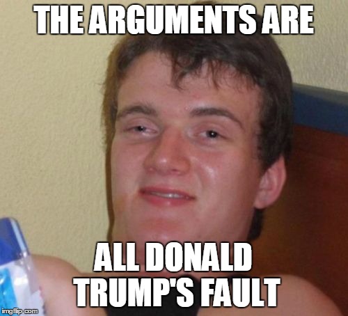 10 Guy Meme | THE ARGUMENTS ARE ALL DONALD TRUMP'S FAULT | image tagged in memes,10 guy | made w/ Imgflip meme maker