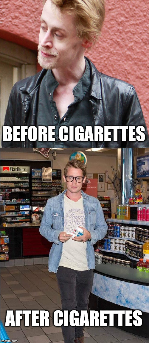 Cigarettes are clearly good for his health | BEFORE CIGARETTES; AFTER CIGARETTES | image tagged in cigarettes,macaulay culkin,healthy,skinny,sexy | made w/ Imgflip meme maker