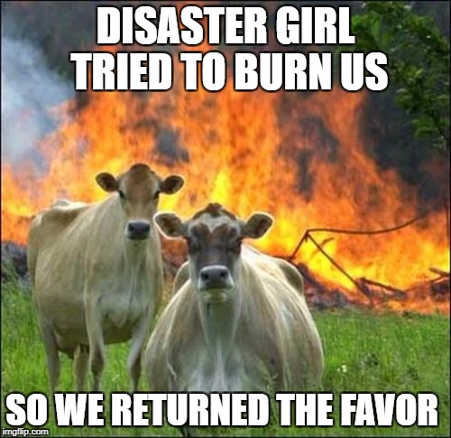 Evil Cows Meme | DISASTER GIRL TRIED TO BURN US; SO WE RETURNED THE FAVOR | image tagged in memes,evil cows,disaster girl,animals,evil | made w/ Imgflip meme maker