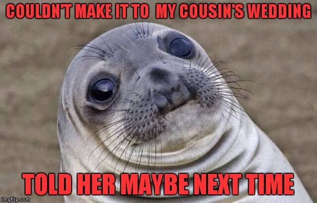 Awkward Moment Sealion | COULDN'T MAKE IT TO  MY COUSIN'S WEDDING; TOLD HER MAYBE NEXT TIME | image tagged in memes,awkward moment sealion,lynch1979 | made w/ Imgflip meme maker