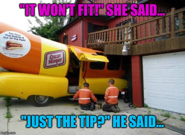 Get your mind out of the gutter, they were just parking it. |  "IT WON'T FIT!" SHE SAID... "JUST THE TIP?" HE SAID... | image tagged in hot dog,weiner,hot dogs,car meme,girlfriend,wife | made w/ Imgflip meme maker