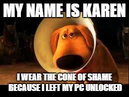 Cone of Shame | MY NAME IS KAREN; I WEAR THE CONE OF SHAME BECAUSE I LEFT MY PC UNLOCKED | image tagged in cone of shame | made w/ Imgflip meme maker