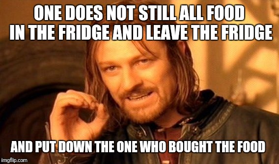 One Does Not Simply | ONE DOES NOT STILL ALL FOOD IN THE FRIDGE AND LEAVE THE FRIDGE; AND PUT DOWN THE ONE WHO BOUGHT THE FOOD | image tagged in memes,one does not simply | made w/ Imgflip meme maker