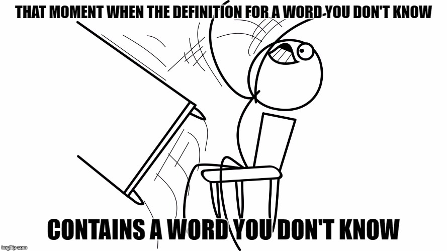 Shitty Definitions | THAT MOMENT WHEN THE DEFINITION FOR A WORD YOU DON'T KNOW; CONTAINS A WORD YOU DON'T KNOW | image tagged in annoying,table flip guy,funny memes | made w/ Imgflip meme maker