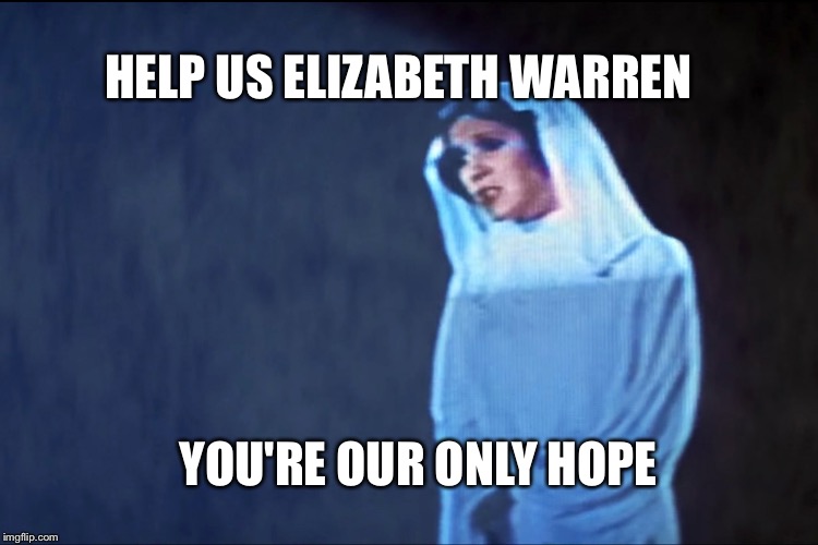 HELP US ELIZABETH WARREN; YOU'RE OUR ONLY HOPE | image tagged in star wars,princess leia,elizabeth warren,political meme | made w/ Imgflip meme maker