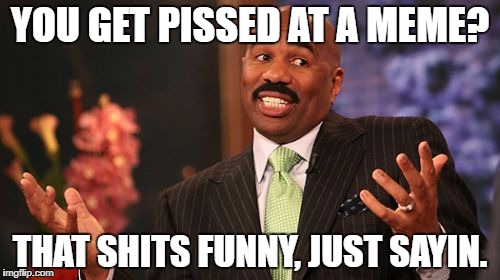 Steve Harvey Meme | YOU GET PISSED AT A MEME? THAT SHITS FUNNY, JUST SAYIN. | image tagged in memes,steve harvey | made w/ Imgflip meme maker