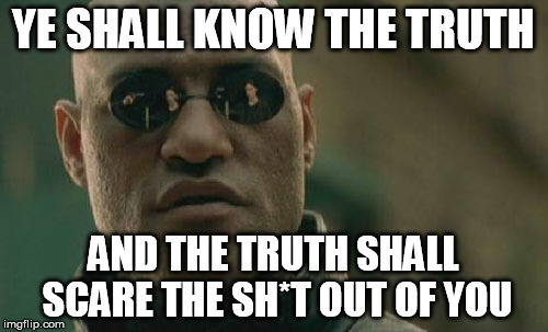 Matrix Morpheus Meme | YE SHALL KNOW THE TRUTH; AND THE TRUTH SHALL SCARE THE SH*T OUT OF YOU | image tagged in memes,matrix morpheus | made w/ Imgflip meme maker