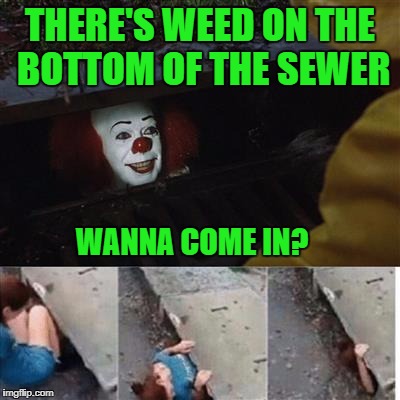 pennywise in sewer | THERE'S WEED ON THE BOTTOM OF THE SEWER; WANNA COME IN? | image tagged in pennywise in sewer | made w/ Imgflip meme maker