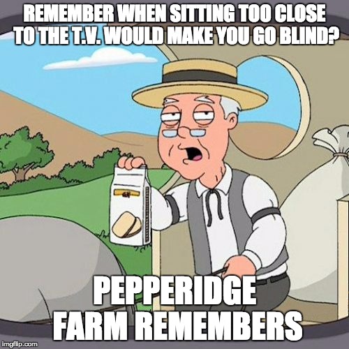 Pepperidge Farm Remembers Meme | REMEMBER WHEN SITTING TOO CLOSE TO THE T.V. WOULD MAKE YOU GO BLIND? PEPPERIDGE FARM REMEMBERS | image tagged in memes,pepperidge farm remembers | made w/ Imgflip meme maker