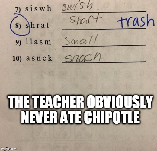 THE TEACHER OBVIOUSLY NEVER ATE CHIPOTLE | image tagged in shart | made w/ Imgflip meme maker