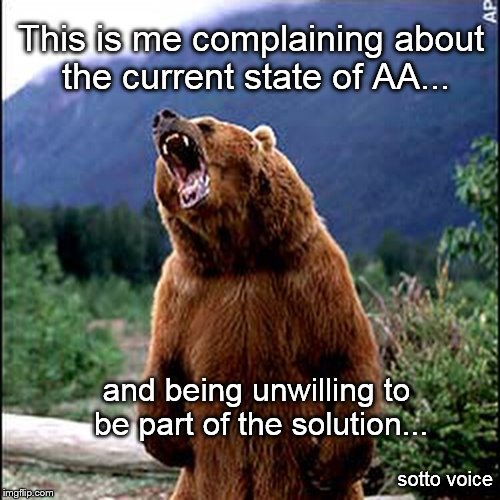 This is me complaining about the current state of AA... and being unwilling to be part of the solution... sotto voice | image tagged in bear | made w/ Imgflip meme maker