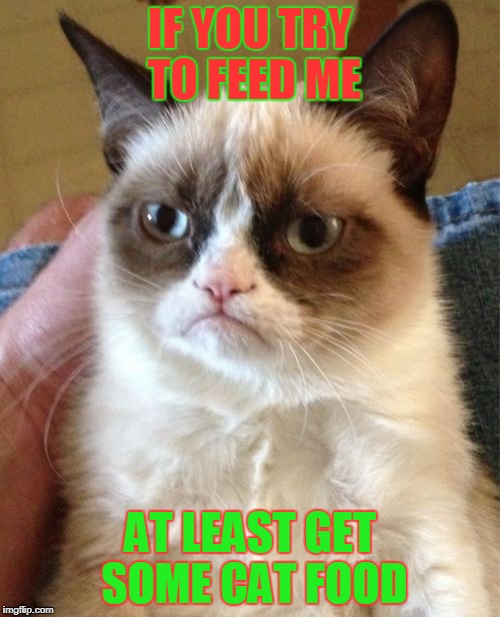 Grumpy Cat Meme | IF YOU TRY TO FEED ME; AT LEAST GET SOME CAT FOOD | image tagged in memes,grumpy cat | made w/ Imgflip meme maker