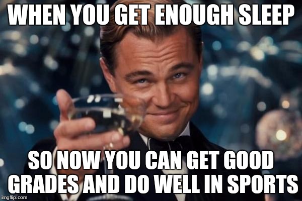 This is for school
 | WHEN YOU GET ENOUGH SLEEP; SO NOW YOU CAN GET GOOD GRADES AND DO WELL IN SPORTS | image tagged in memes,leonardo dicaprio cheers | made w/ Imgflip meme maker