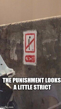 pee here and they cut your nuts off | THE PUNISHMENT LOOKS A LITTLE STRICT | image tagged in no peeing,cut your nuts,sign | made w/ Imgflip meme maker