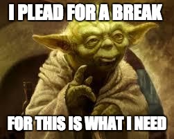 yoda | I PLEAD FOR A BREAK; FOR THIS IS WHAT I NEED | image tagged in yoda | made w/ Imgflip meme maker