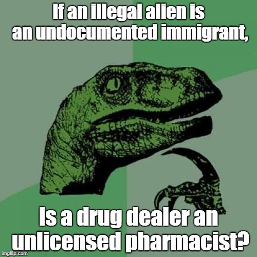 Philosoraptor | If an illegal alien is an undocumented immigrant, is a drug dealer an unlicensed pharmacist? | image tagged in memes,philosoraptor | made w/ Imgflip meme maker