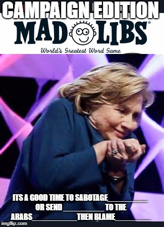 Hillary's new book | CAMPAIGN EDITION; ITS A GOOD TIME TO SABOTAGE_________ OR SEND _________ TO THE ARABS__________THEN BLAME________ | image tagged in hillary clinton | made w/ Imgflip meme maker