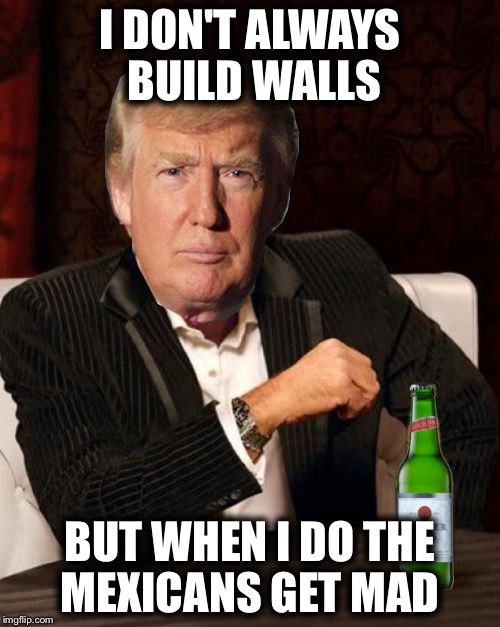 Donald Trump Most Interesting Man In The World (I Don't Always) |  I DON'T ALWAYS BUILD WALLS; BUT WHEN I DO THE MEXICANS GET MAD | image tagged in donald trump most interesting man in the world i don't always | made w/ Imgflip meme maker