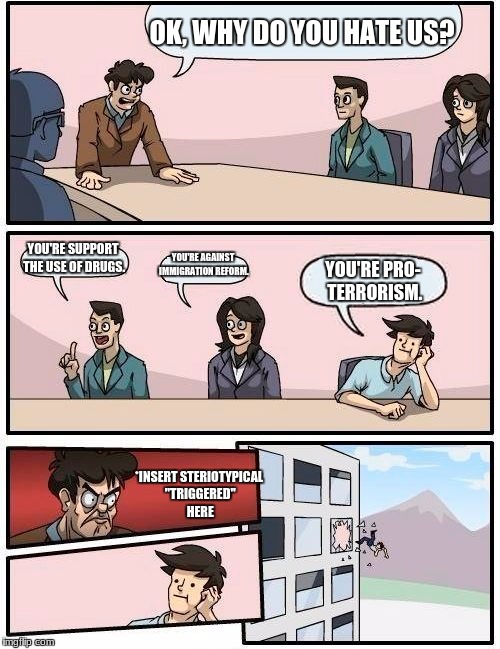 Boardroom Meeting Suggestion Meme | OK, WHY DO YOU HATE US? YOU'RE SUPPORT THE USE OF DRUGS. YOU'RE AGAINST IMMIGRATION REFORM. YOU'RE PRO- TERRORISM. *INSERT STERIOTYPICAL "TR | image tagged in memes,boardroom meeting suggestion | made w/ Imgflip meme maker