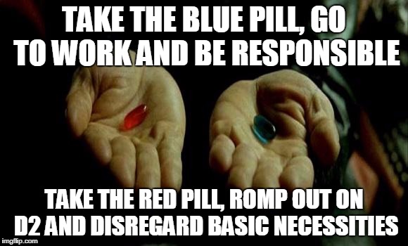 Matrix Pills | TAKE THE BLUE PILL, GO TO WORK AND BE RESPONSIBLE; TAKE THE RED PILL, ROMP OUT ON D2 AND DISREGARD BASIC NECESSITIES | image tagged in matrix pills | made w/ Imgflip meme maker
